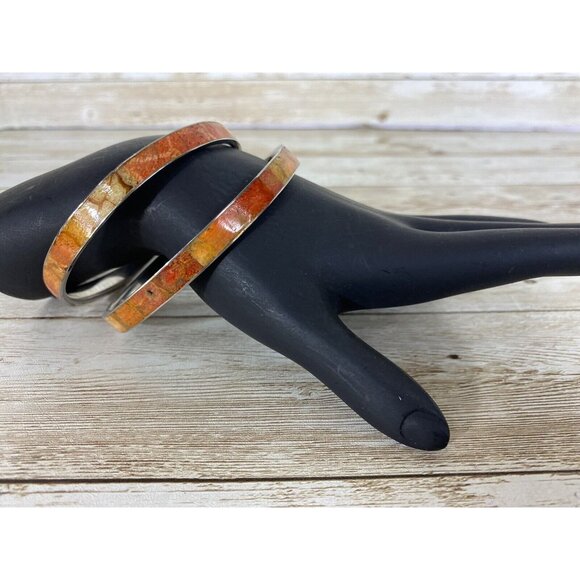 Silver Toned Enamel Bangle Bracelets Orange Fall Tones Vintage Pair - Picture 6 of 10